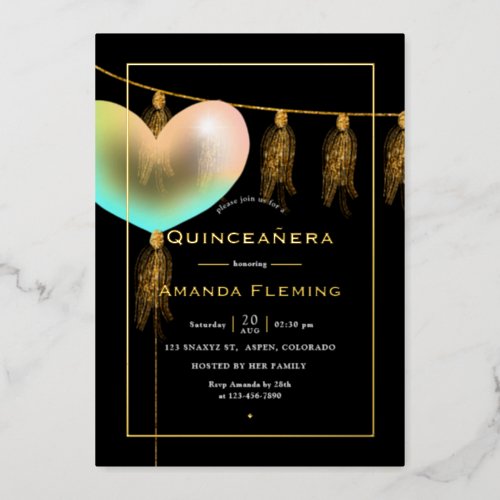 Rainbow and Gold and Black Quinceaera Foil Invitation