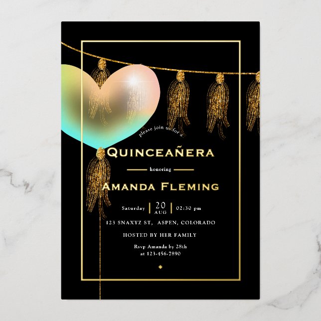Rainbow and Gold and Black Quinceañera Foil Invitation (Front)