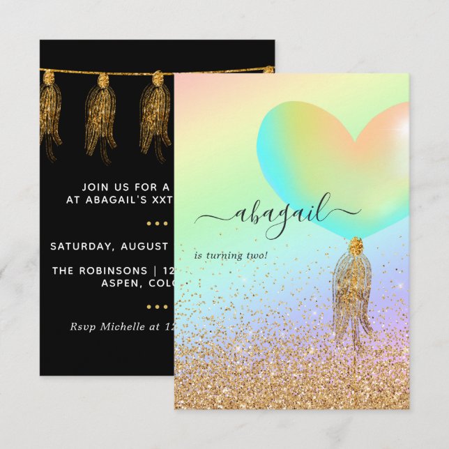 Rainbow and Gold and Pink Birthday Party Invitatio Invitation (Front/Back)