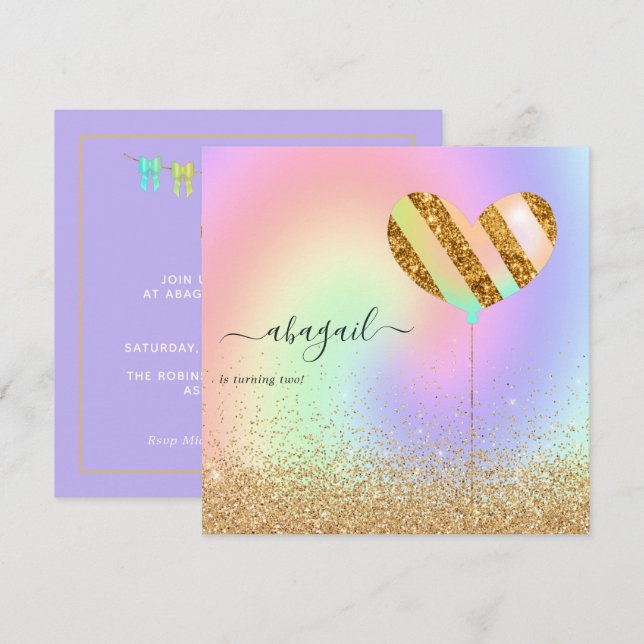 Rainbow and Gold and Pink Birthday Party Invitatio Invitation (Front/Back)