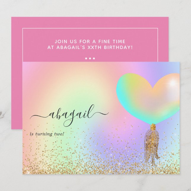 Rainbow and Gold and Pink Birthday Party Invitation (Front/Back)