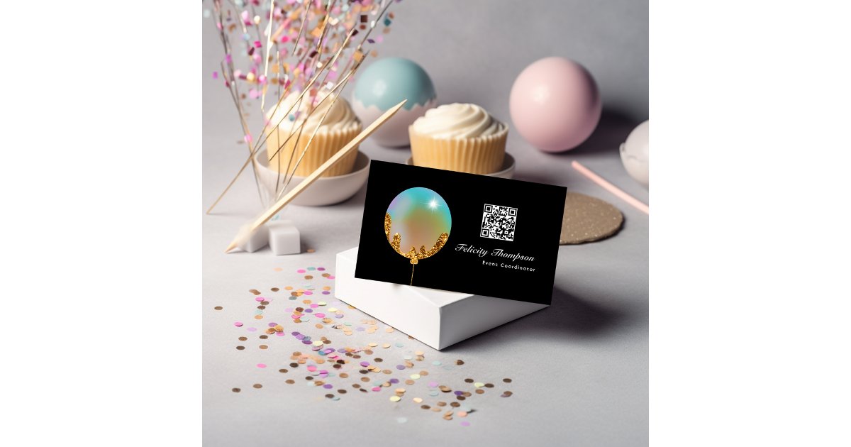 Rainbow and Gold Balloons Event Industry QR Code Business Card | Zazzle