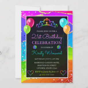 Rainbow and Gold Glitter Agate 21st Birthday Invitation