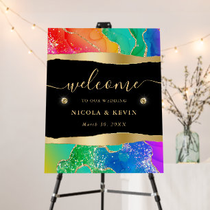 Rainbow and Gold Glitter Agate Wedding Welcome Foam Board