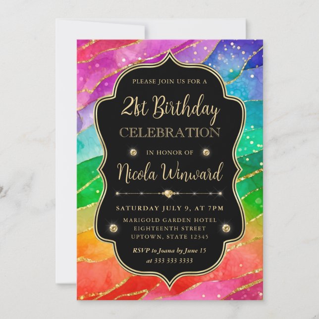 Rainbow and Gold Glitter Alcohol Ink 21st Birthday Invitation (Front)