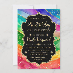 Rainbow and Gold Glitter Alcohol Ink 21st Birthday Invitation
