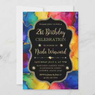 Rainbow and Gold Glitter Alcohol Ink 21st Birthday Invitation