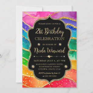 Rainbow and Gold Glitter Alcohol Ink 21st Birthday Invitation