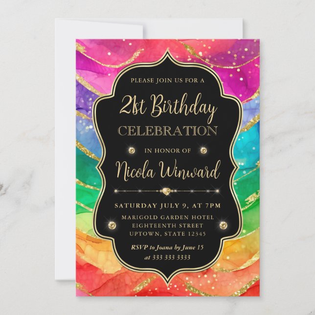 Rainbow and Gold Glitter Alcohol Ink 21st Birthday Invitation (Front)