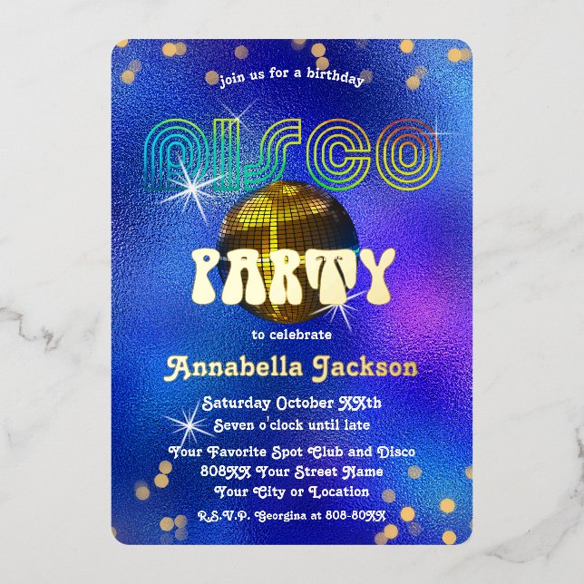 Rainbow and Gold on Funky Blue Disco Party Foil Invitation (Front)