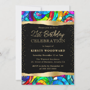 Rainbow and Gold Stained Glass 21st Birthday Invitation