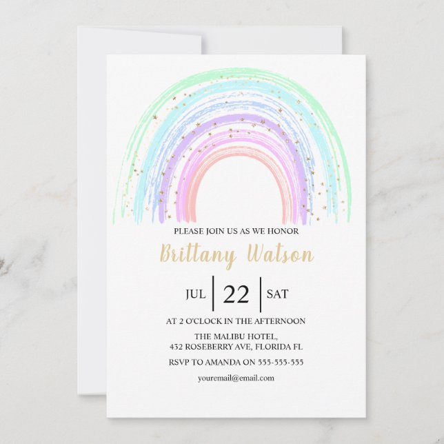 Rainbow And Gold Stars Baby Shower Invitation (Front)