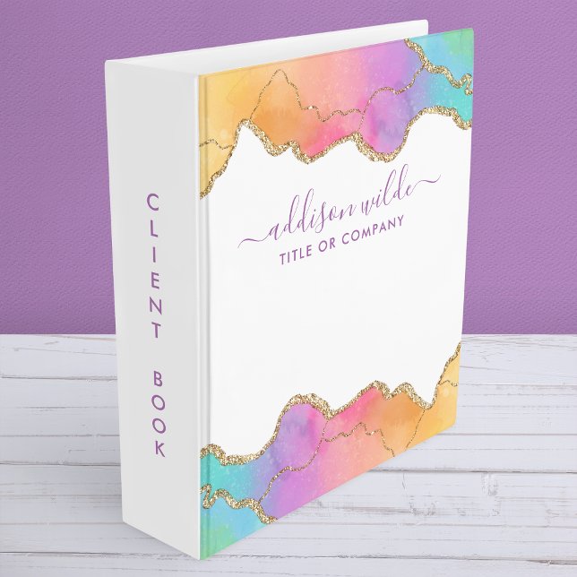 Rainbow And Gold Watercolor Agate Business 3 Ring Binder (Creator Uploaded)