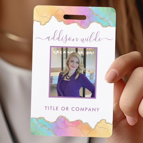 Rainbow And Gold Watercolor Agate Business Badge