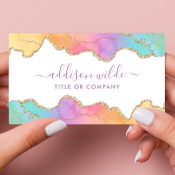 Rainbow And Gold Watercolor Agate Business Business Card by PrintablePretty at Zazzle