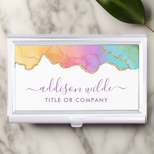 Rainbow And Gold Watercolor Agate Business Card Case