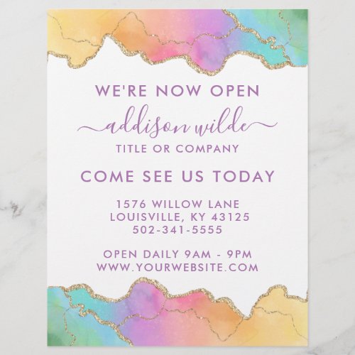 Custom Posters Flyers 4 Rainbow And Gold Watercolor Agate Business Opening Flyer