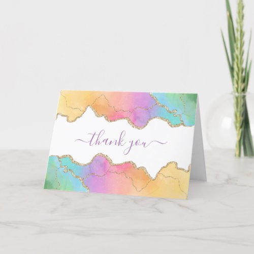 Rainbow And Gold Watercolor Agate Business Thank You Card