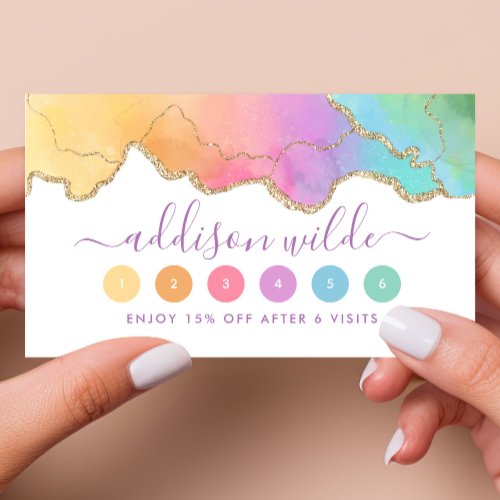 Rainbow And Gold Watercolor Agate Loyalty Card