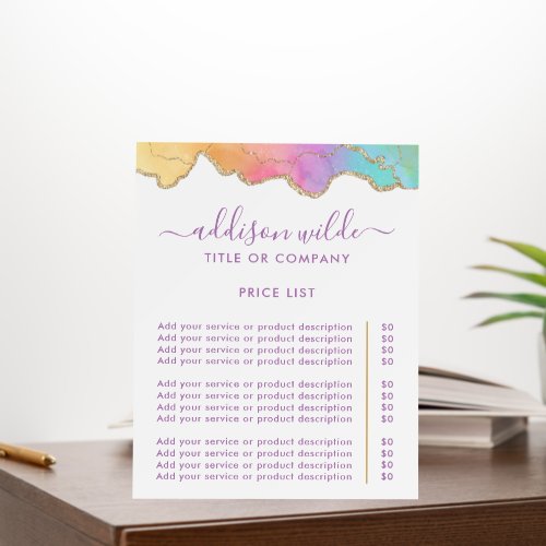Custom Price Menus 14 Rainbow And Gold Watercolor Agate Price List Foam Board