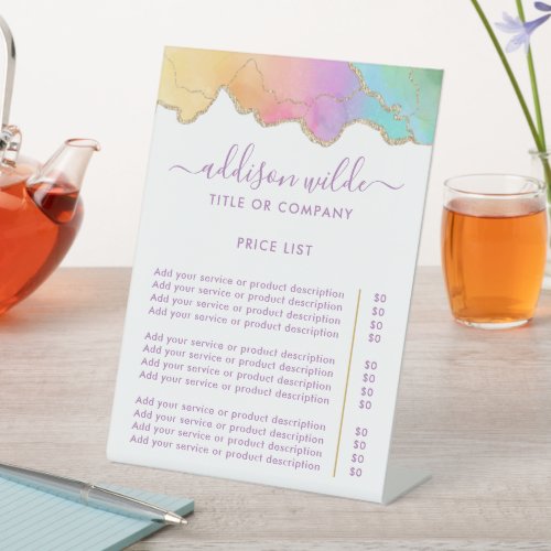 Custom Price Menus 9 Rainbow And Gold Watercolor Agate Price List Pedestal Sign