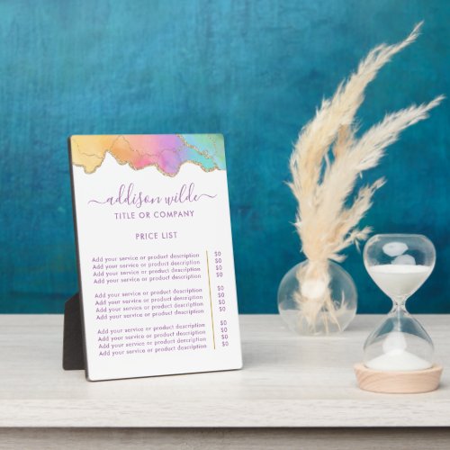 Rainbow And Gold Watercolor Agate Price List Plaque