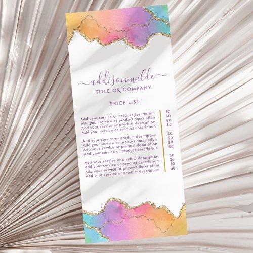 Rainbow And Gold Watercolor Agate Price List Rack Card