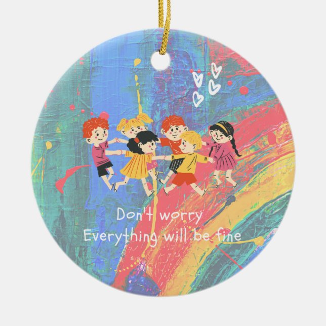 Rainbow and Happy Children Ceramic Ornament (Front)