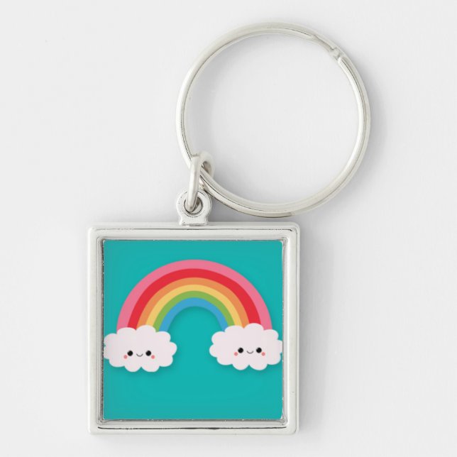 Rainbow and Happy Cluds on Teal Keychain (Front)