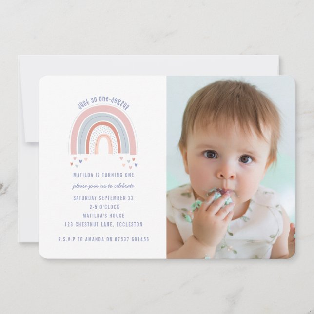 Rainbow and heart 1st birthday photo invite (Front)