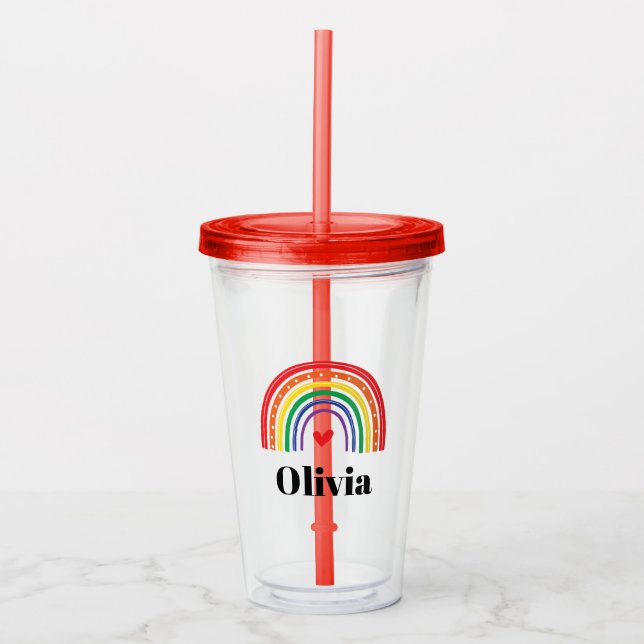 Rainbow and heart personalized  acrylic tumbler (Front)