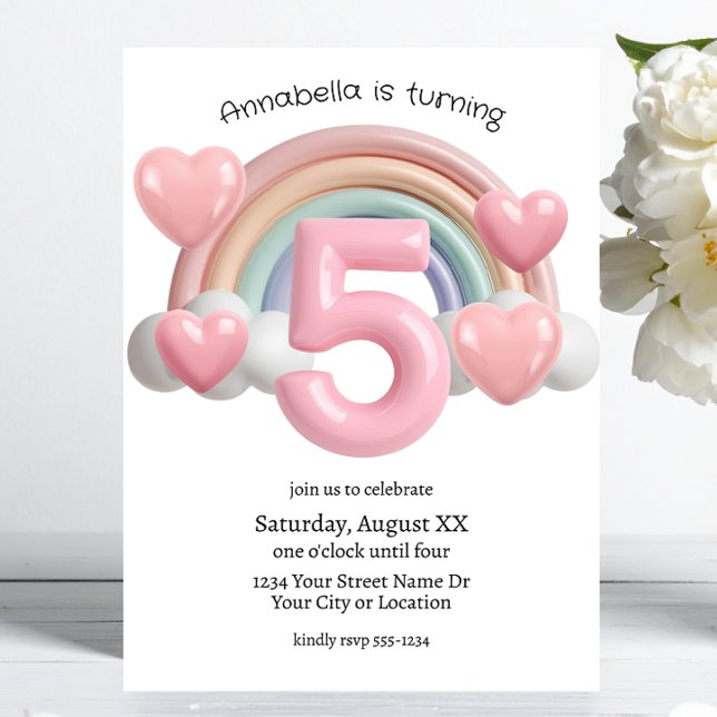 Rainbow and Hearts 3D 5th Birthday Party Invitation (Creator Uploaded)