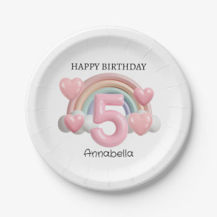 Rainbow and Hearts 3D 5th Birthday Party Paper Plates
