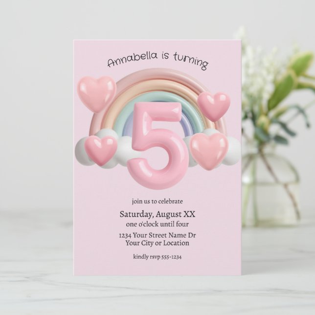 Rainbow and Hearts 3D 5th Pink Birthday Party Invitation (Standing Front)