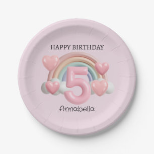 Rainbow and Hearts 3D 5th Pink Birthday Party Paper Plates