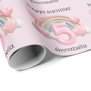 Rainbow and Hearts 3D 5th Pink Birthday Party Wrapping Paper