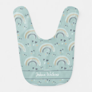 Rainbow and Hearts in Boho Muted Blue with Name   Baby Bib