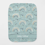 Rainbow And Hearts In Boho Muted Blue With Name Baby Burp Cloth at Zazzle