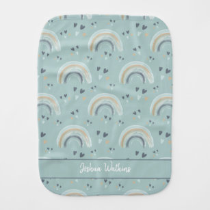 Rainbow and Hearts in Boho Muted Blue with Name Baby Burp Cloth