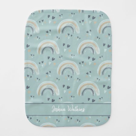 Rainbow And Hearts In Boho Muted Blue With Name Baby Burp Cloth