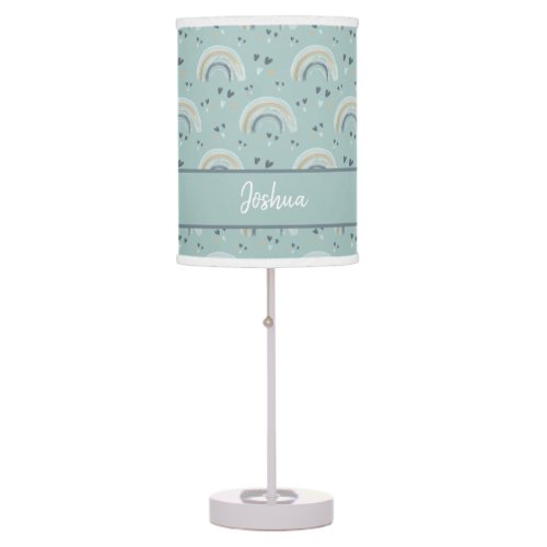 Rainbow and Hearts in Boho Muted Blue with Name  D Table Lamp