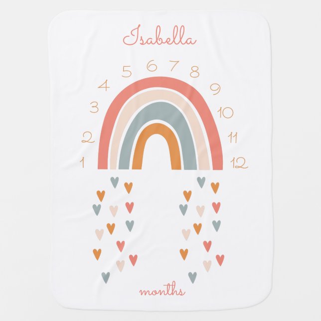Rainbow and Hearts Milestone  Baby Blanket (Front)