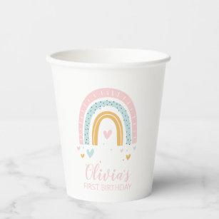 Rainbow and Hearts Pastel First Birthday Paper Cups