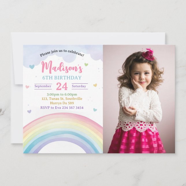 Rainbow and Hearts Photo Birthday Invitation (Front)