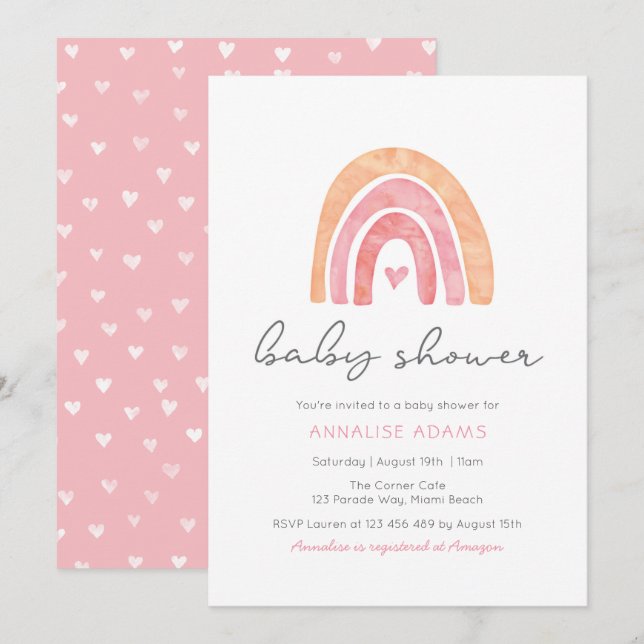 Rainbow and hearts Pink Baby Shower invitation (Front/Back)