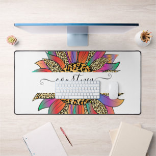 Rainbow and leopard print personalized desk mat