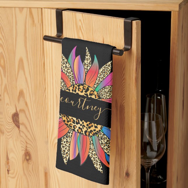 Rainbow and leopard print personalized  kitchen to towel (Thirds Fold)