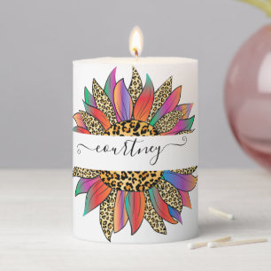 Rainbow and leopard print personalized   pillar candle