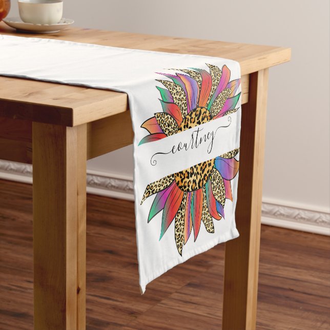 Rainbow and leopard print personalized   short table runner (In Situ)