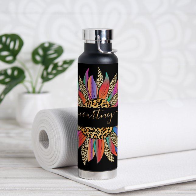 Rainbow and leopard print sunflower custom water bottle (Yoga)